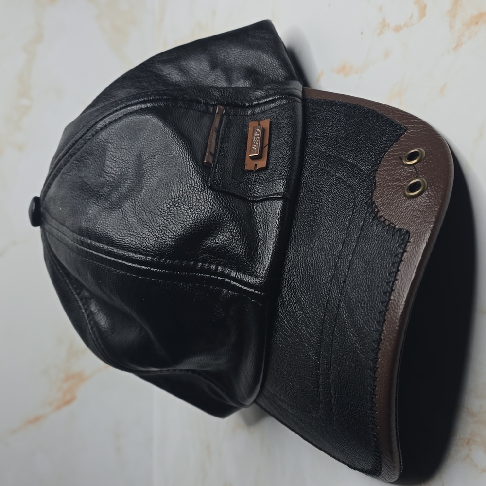 Black Faux Leather Cap with Brown Trim Nwot